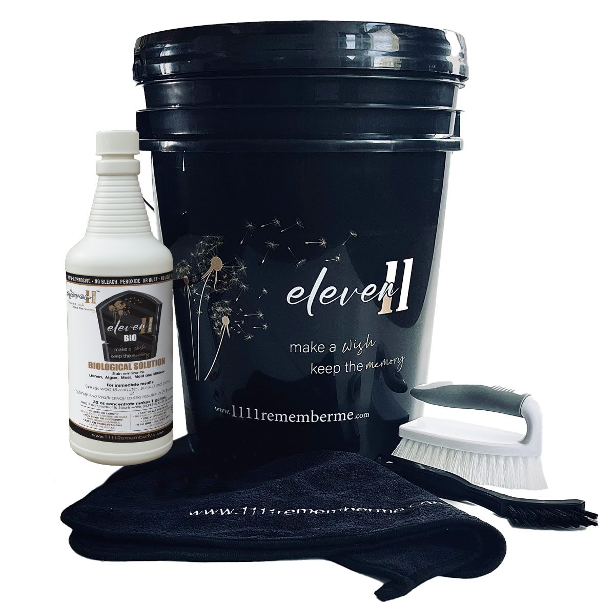 BIOLOGICAL SOLUTION Eleven11 BIO Solution Headstone Cleaning Kit - Bucket and Supplies (32 oz BIO, Brushes, Towel, Empty Spray Bottle) - Makes 1 Gallon