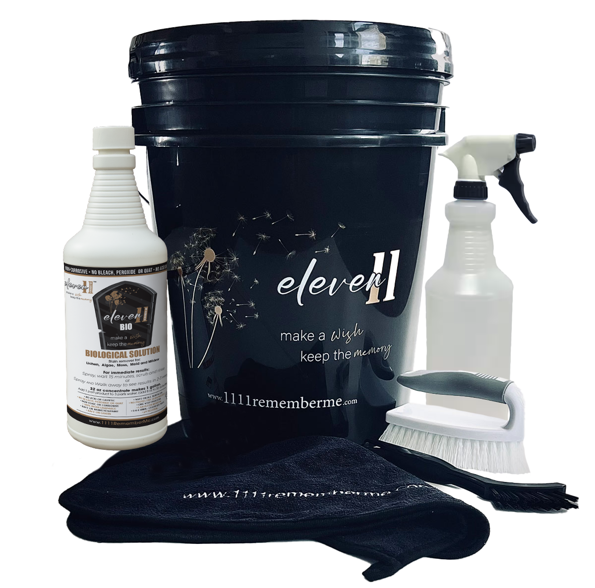 BIOLOGICAL SOLUTION Eleven11 BIO Solution Headstone Cleaning Kit - Bucket and Supplies (32 oz BIO, Brushes, Towel, Empty Spray Bottle) - Makes 1 Gallon