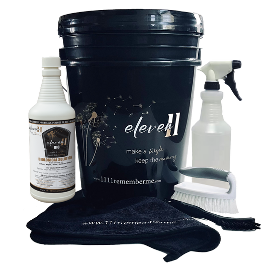 BIOLOGICAL SOLUTION Eleven11 BIO Solution Headstone Cleaning Kit - Bucket and Supplies (32 oz BIO, Brushes, Towel, Empty Spray Bottle) - Makes 1 Gallon
