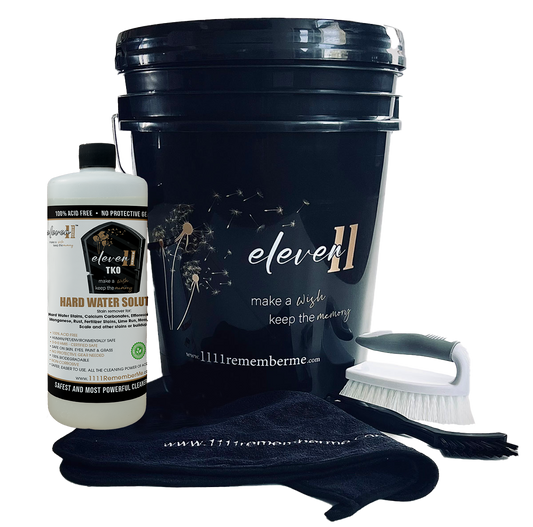HARD WATER SOLUTION Eleven11 TKO Headstone Cleaning Kit - Bucket and Supplies (32 oz TKO, Brushes, Scraper, Towel)
