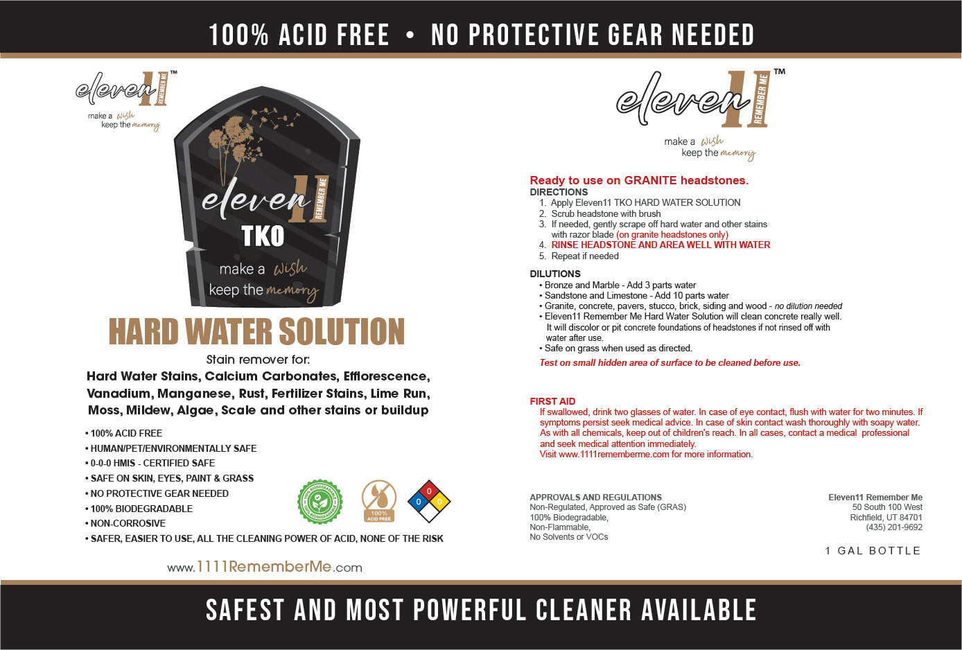 HARD WATER SOLUTION Eleven11 TKO Headstone Cleaner - 1 Gallon