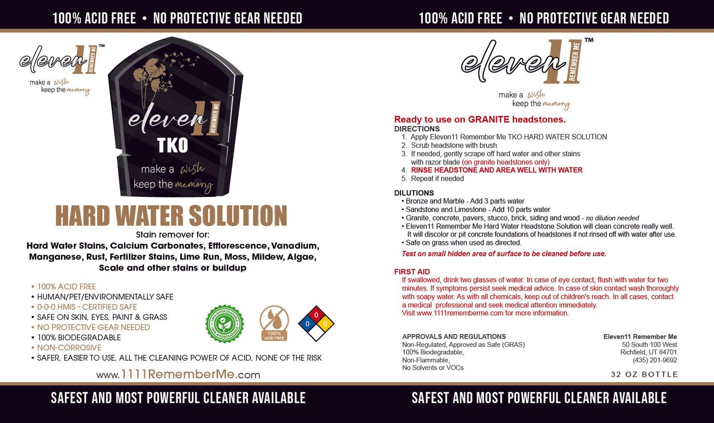 HARD WATER SOLUTION Eleven11 TKO Headstone Cleaner - 32 oz Bottle
