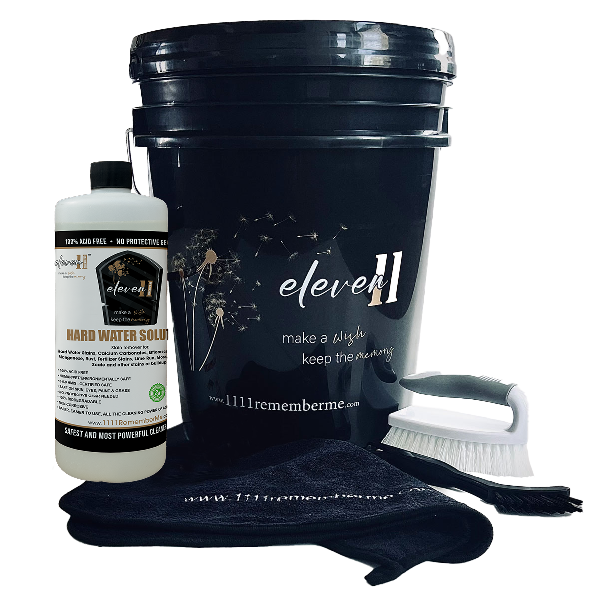 HARD WATER SOLUTION Eleven11 TKO Headstone Cleaning Kit - Bucket and Supplies (32 oz TKO, Brushes, Scraper, Towel, Empty Spray Bottle)
