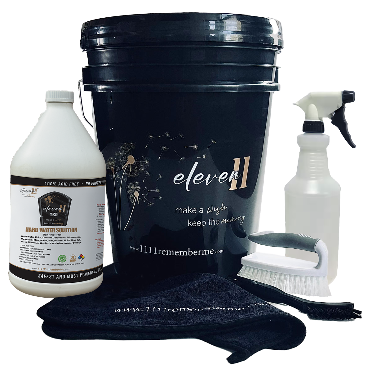 HARD WATER SOLUTION Eleven11 TKO Headstone Cleaning Kit - Bucket and Supplies (1 Gal. TKO, Brushes, Scraper, Towel, Empty Spray Bottle)