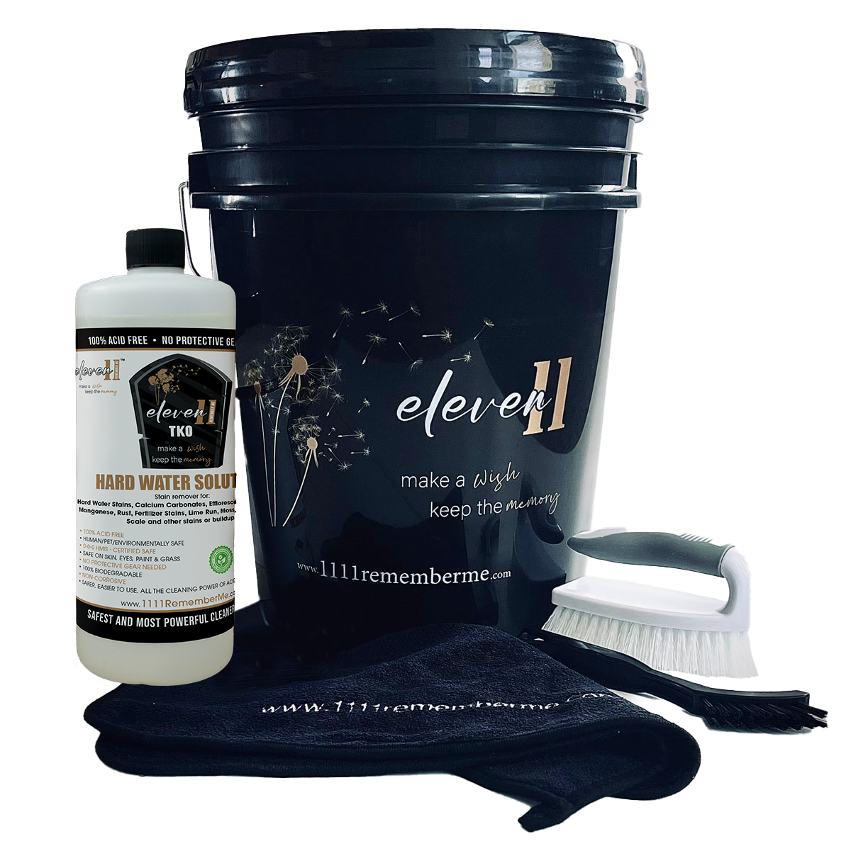 HARD WATER SOLUTION Eleven11 TKO Headstone Cleaning Kit - Bucket and Supplies (32 oz TKO, Brushes, Scraper, Towel)