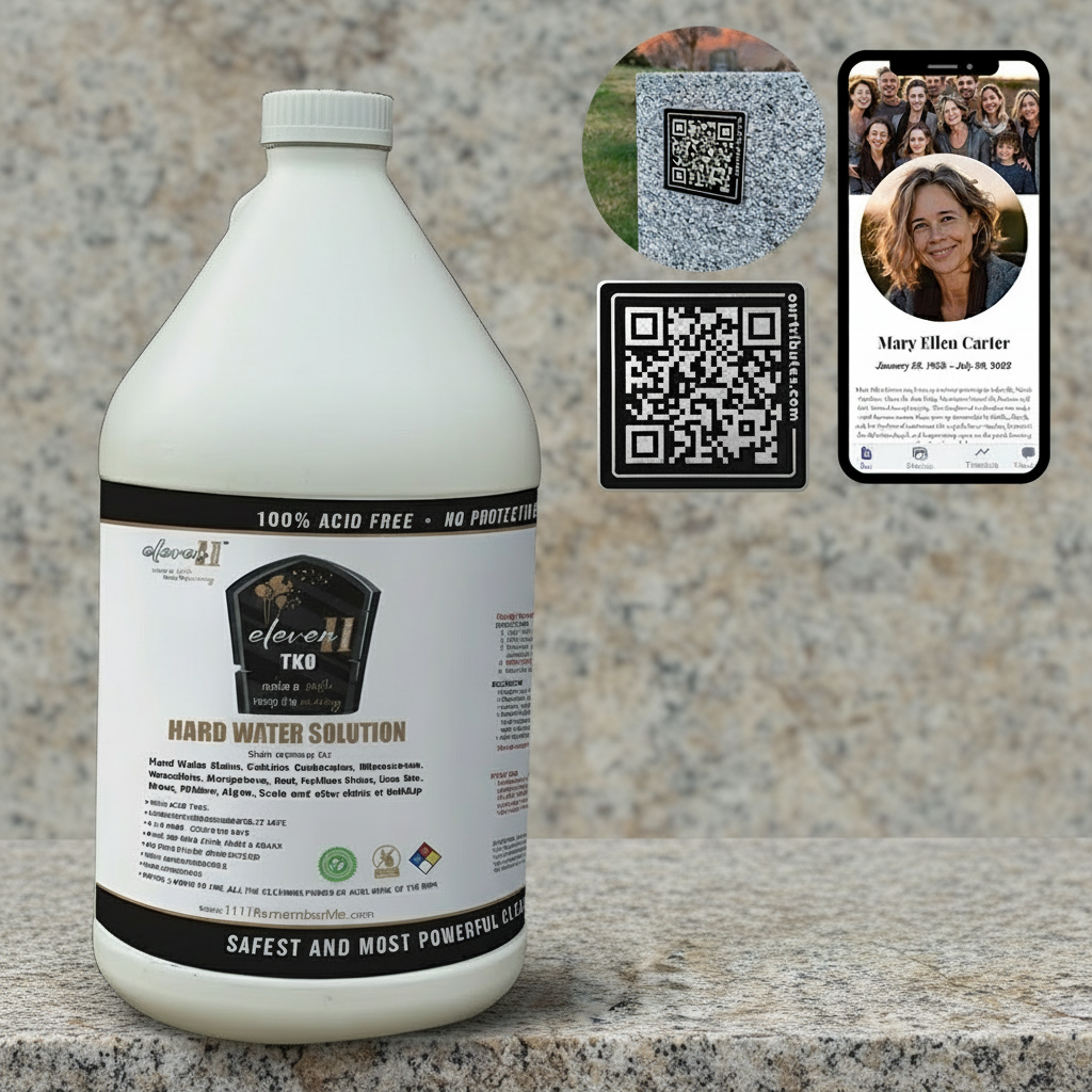 White bottle of hard water solution with label, QR codes, and images on a white background
