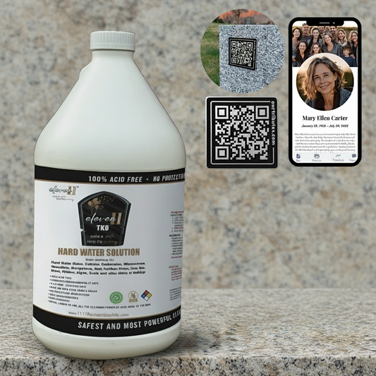 White bottle of hard water solution with label, QR codes, and images on a white background