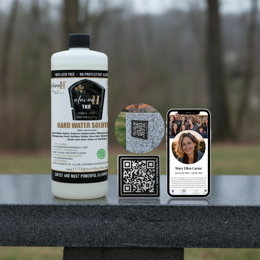 Bottle of Hard Water Solution with QR codes and images on a white background